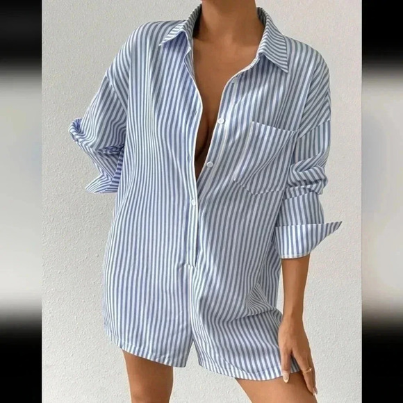 Tops - Ladies' Striped Printed Casual Shirt Collar Romper